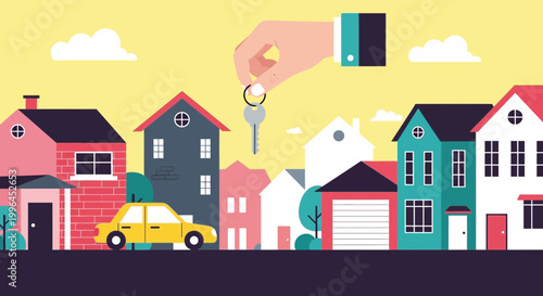 Hand holding keys to new house and car, real estate investment concept