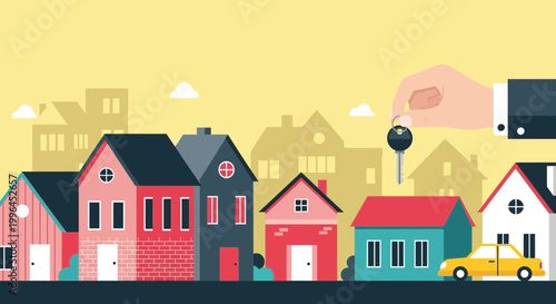 Real Estate Transaction: Hand Holding Key Over Houses, Buying Home Concept