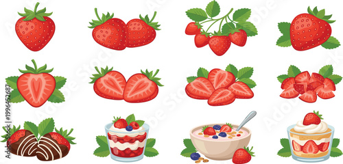 Fresh strawberry fruit vector collection featuring whole berries, slices, chocolate covered strawberries, yogurt parfait, muesli bowl, and sweet cream desserts.