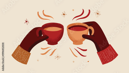 Two gloved hands toasting steaming warm drink cups, warm autumnal vector illustration, ideal for holiday greeting cards, winter social media and cozy café advertising.