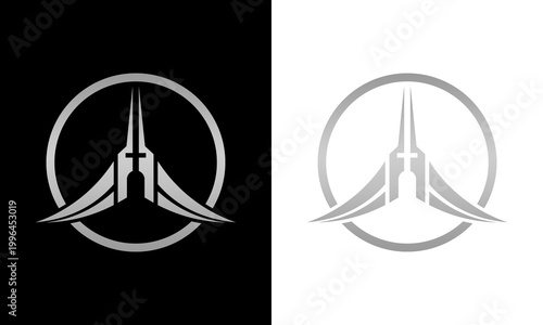 A futuristic spaceship emerges from a circle on contrasting black and white backgrounds.