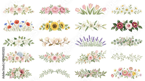 Watercolor floral border collection with delicate bouquets, leaves, wreaths, sunflowers and pastel botanical elements for invitations and cards