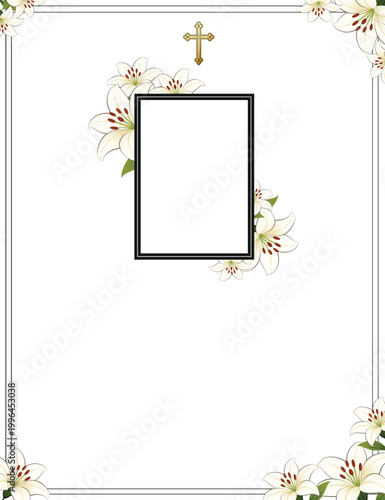 Funeral card with photo frame. Black Photo frame with lily flowers. White background. Gold church cross