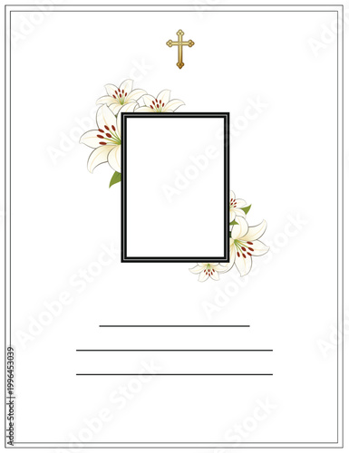 Funeral card with photo frame and text lines. Black Photo frame. White background. Gold church cross