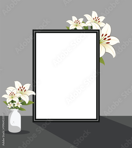 photo frame with flowers. Dark background with black photo frame. 