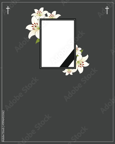 Funeral card with photo frame. Photo frame with black ribbon and lily flowers 