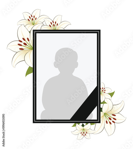 photo frame with flowers for funeral. photo frame with black ribbon