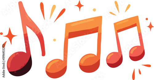 Vibrant gradient red and orange musical notes with decorative sparkles and burst accents on a white background, concept for music streaming promotion, concert advertising and podcast branding.