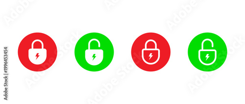 Lock unlock lightning icon in red and green circle. Security power symbol. Energy safety sign