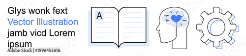 Education, mental health, learning, creativity, innovation, teamwork. Open book with letter, head with heart ideas gear symbol. Education and learning concept