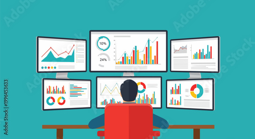 A person sitting at a desk monitoring multiple computer screens displaying diverse charts, concept for financial analysis, business data, and market strategy.