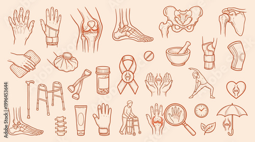 A collection of hand-drawn medical illustrations depicting various aspects of bone health, rehabilitation, and patient care.