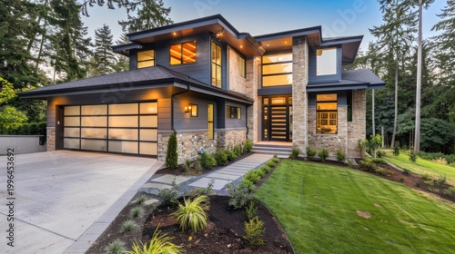 Modern home exterior. Lush landscaping