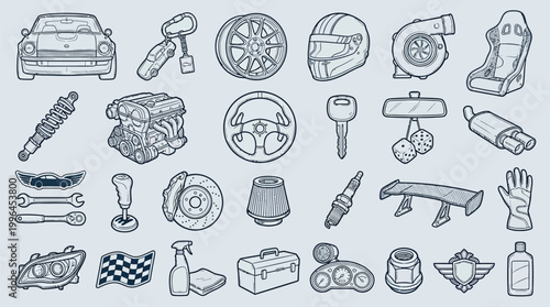A comprehensive collection of automotive parts and accessories, including engine components, safety gear, and performance enhancements, presented in a stylized line art illustration.
