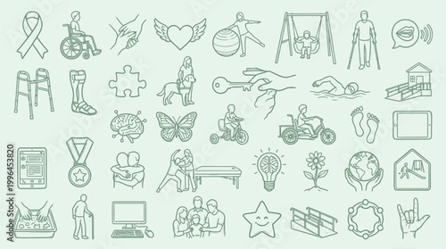 A comprehensive collection of line art icons representing various aspects of disability, accessibility, and support services.