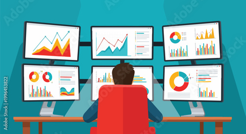 Analyst viewing multiple financial charts on computer screens, detailed illustration on a vibrant background, perfect for data analysis, market research, and business reports.
