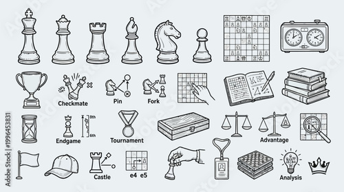A comprehensive collection of hand-drawn icons representing various aspects of the game of chess, including pieces, boards, timers, and strategic concepts.