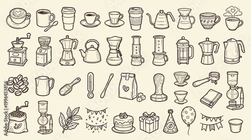 A charming collection of hand-drawn illustrations depicting various coffee-related items and celebratory elements, perfect for a cafe or party theme.