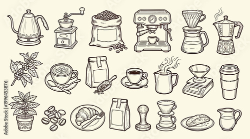 A delightful collection of hand-drawn illustrations showcasing various coffee-related items, from brewing equipment to beans and pastries.