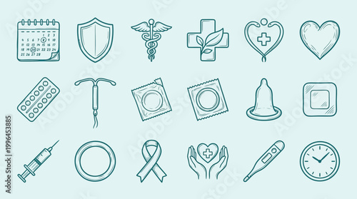 A collection of hand-drawn icons representing various aspects of healthcare, reproductive health, and medical symbols, presented on a light blue background.
