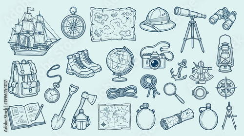 A comprehensive collection of vintage exploration and adventure gear, including maps, navigational tools, and survival equipment, rendered in a charming blue line art style.