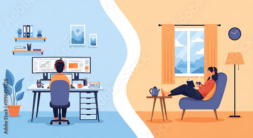 Work life balance concept showing productivity and relaxation zones in one home illustration