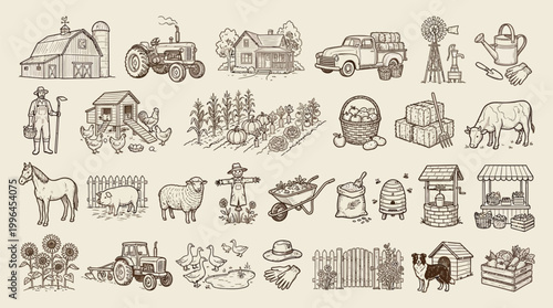 A charming collection of hand-drawn illustrations depicting various elements of farm life, including buildings, animals, crops, and equipment.