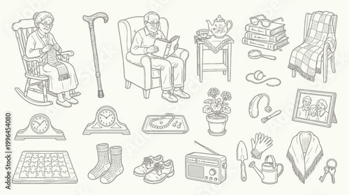 A collection of line drawings depicting items and activities associated with the elderly, including knitting, reading, gardening, and household objects.