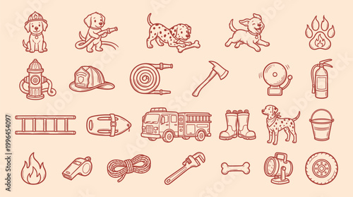 A charming collection of hand-drawn illustrations featuring dogs, firefighters, and related equipment, presented in a warm, sepia-toned palette.
