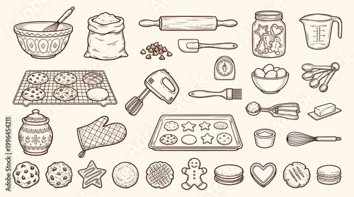 A charming hand-drawn illustration showcasing a delightful collection of baking essentials and sweet treats, perfect for a culinary theme.