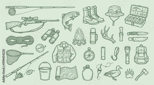 A detailed illustration showcasing a comprehensive collection of outdoor adventure and hunting gear, including fishing rods, rifles, boots, and camping equipment.