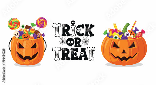 Cartoon orange pumpkin buckets filled with candy and candies, and a black trick or treat text, suitable for halloween decorations, party invitations, and holiday promotions.