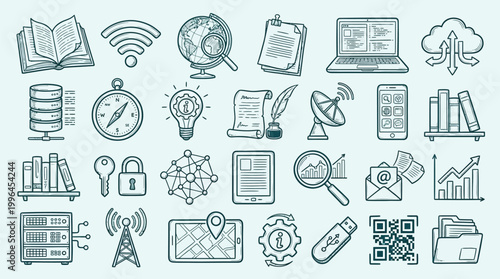 A collection of hand-drawn icons representing various aspects of technology, data, and information management, including books, servers, networks, and communication devices.