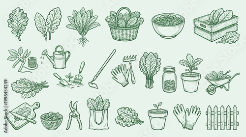 Obraz na plátne A collection of hand-drawn illustrations depicting various gardening tools, fresh produce, and plants, presented in a green monochromatic palette
