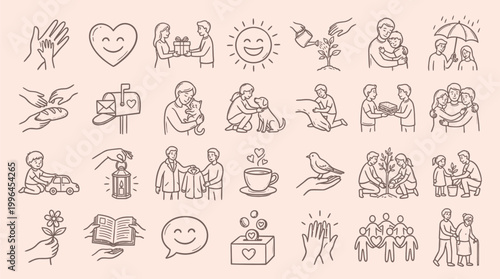A collection of line art illustrations depicting acts of kindness, charity, and community support, featuring people helping each other, animals, and nature.