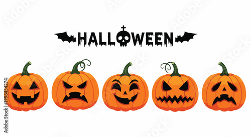 Cartoon pumpkins with various expressions and "Halloween" text on white background, suitable for holiday promotions, event invitations, and seasonal marketing campaigns.