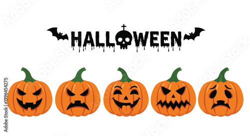 Cartoon pumpkins with different scary faces, Halloween banner with bats and skull, ideal for holiday decorations, event invitations and seasonal promotions.