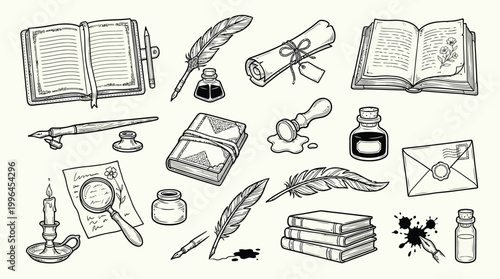 A collection of vintage writing instruments and stationery items, including quills, inkwells, letters, books, and a candle, rendered in a detailed sketch style.