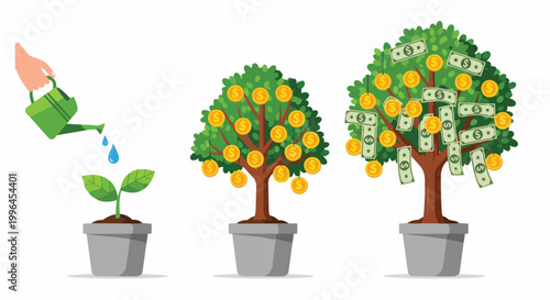 Cartoon-style illustration showing financial growth with stages of a money tree and watering can, ideal for financial planning, investment concepts, and business presentations.