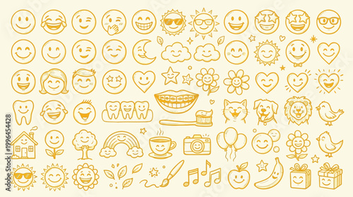 A comprehensive collection of hand-drawn yellow icons featuring a variety of emojis, celestial bodies, animals, and everyday objects.