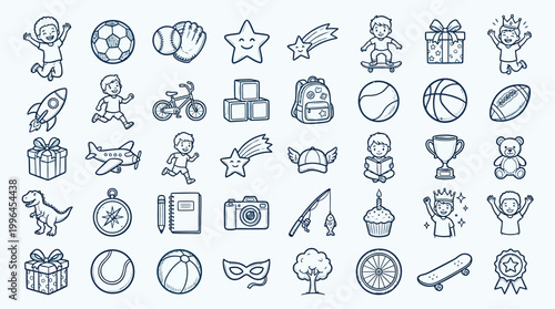 A collection of 55 hand-drawn doodle icons representing childhood, play, and various activities, presented in a clean, blue-lined style on a white background.