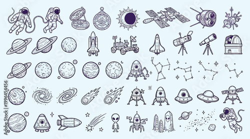 A comprehensive collection of hand-drawn space-themed illustrations, featuring astronauts, planets, rockets, and celestial bodies.