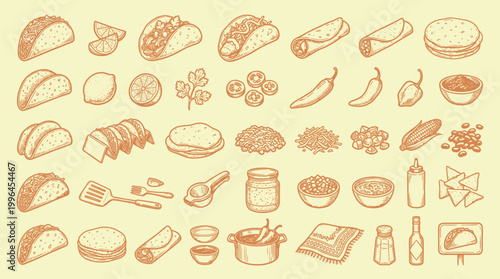 A charming hand-drawn illustration featuring a diverse collection of Mexican food items and culinary tools, presented in a warm, sepia-toned palette against a light yellow background.