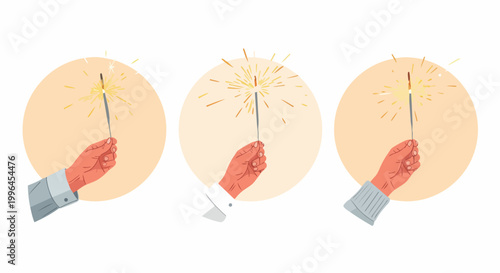 Close-up of three hands holding sparklers with golden light bursts, ideal for celebrations, holidays and festive events.