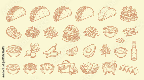 A charming hand-drawn illustration featuring a variety of Mexican food items and ingredients, presented in a warm, sepia-toned palette against a cream background.