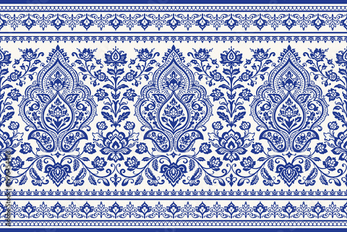 Blue and white Ikat seamless floral damask pattern, vintage ornamental ethnic textile background, decorative border design for fabric wallpaper wrapping paper.