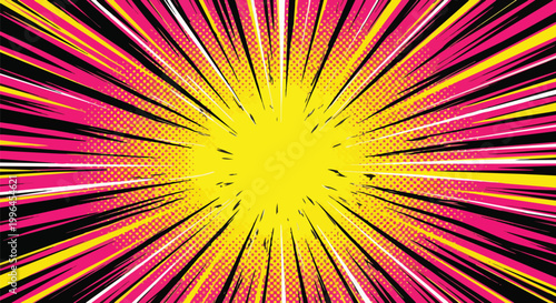 Comic book style explosive burst with radiating lines in pink, yellow, and black colors, graphic design for comic books, posters, and web design elements.