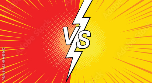 Comic book style 'VS' sign with lightning bolt and radial lines on red and yellow backgrounds, suitable for competitive themes, battle announcements, and clash visuals.