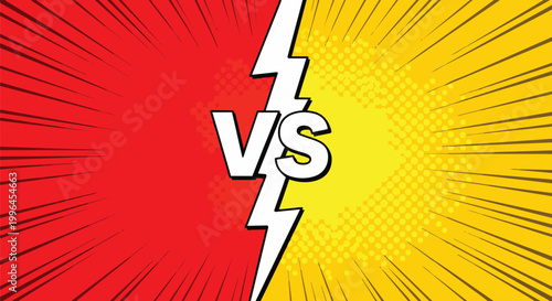 Comic book style 'VS' text with lightning on split red and yellow background, concept for competition, fight and challenge promotions.