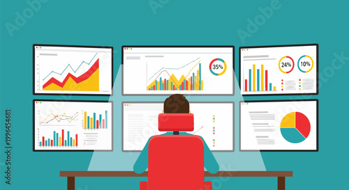 Data analyst working with multiple screens displaying charts and graphs, concept for business, finance, and investment, ideal for data visualizations, marketing reports, and business presentations.